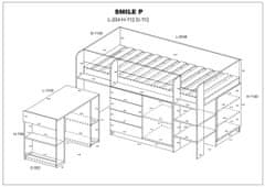 Patrová postel s psacím stolem SMILE P 90 x 200 cm, pravá strana, dub sonoma / bílá